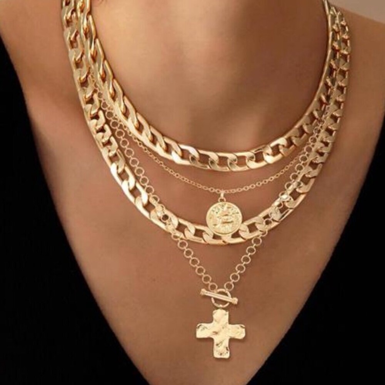 Layered Necklaces 18k Gold Plated Trendy Retro Coin And Cross Pendant New